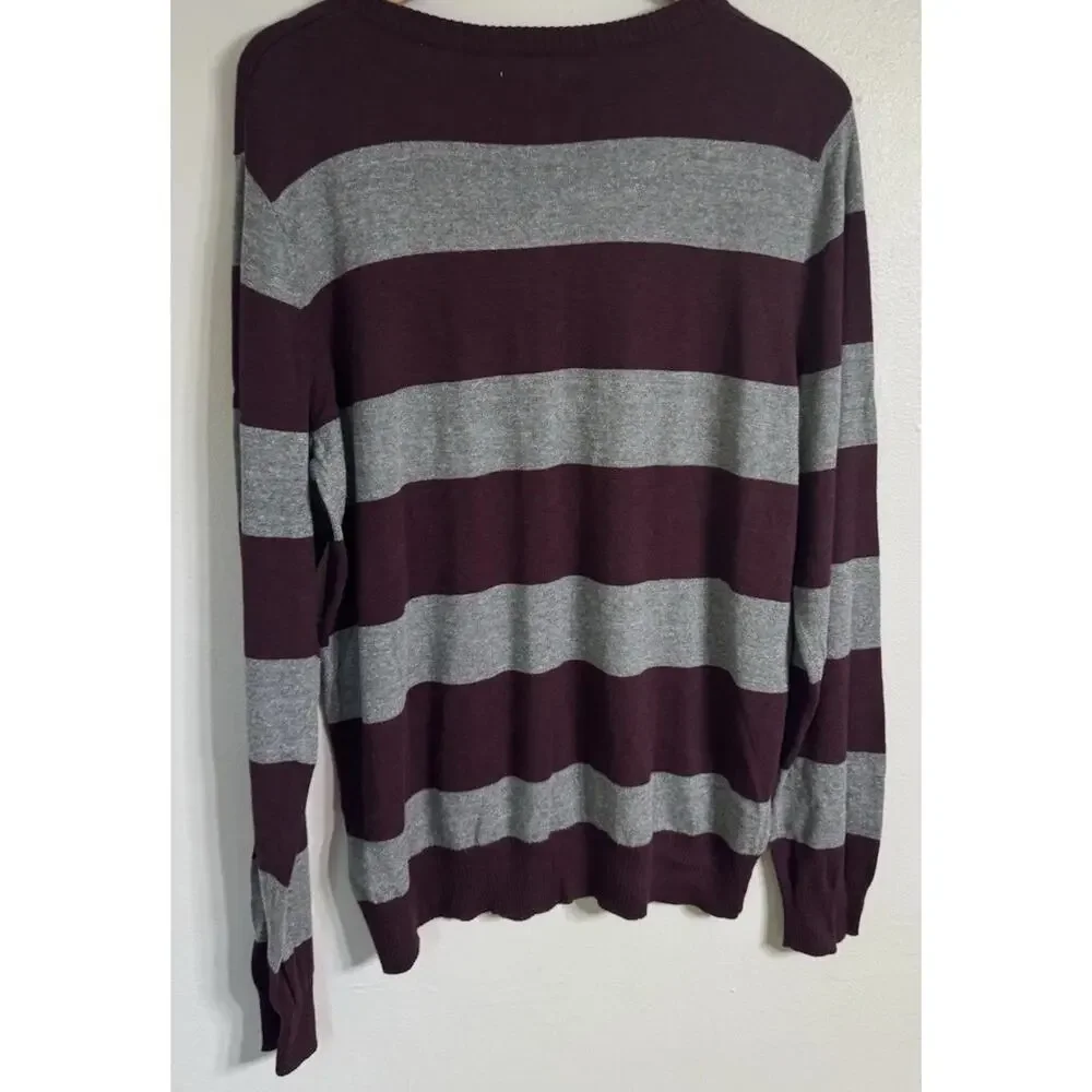 Sonoma Sweater Mens Medium Gray Burgundy Stripe Crewneck Pull-Over NEW